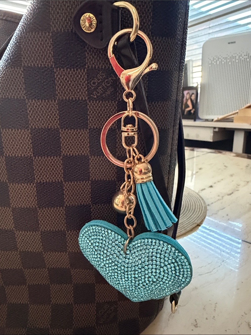 Turquoise Crystal Heart Bedazzled Tassel Keychain w/Gold Hardware Charm